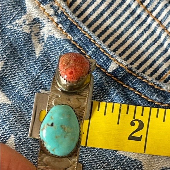 native American Turquoise and Red Stone sterling Silver vintage cuff  Bracelet - Picture 11 of 12